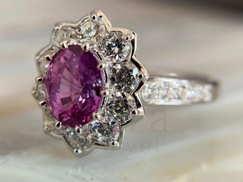 Pink Sapphire Band - Diamond Halo Ring | Briza Jewel