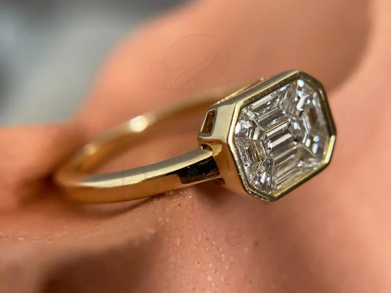 Engagement Ring With Bezel Setting - 14K Gold Emerald Cut Diamond | Briza Jewel
