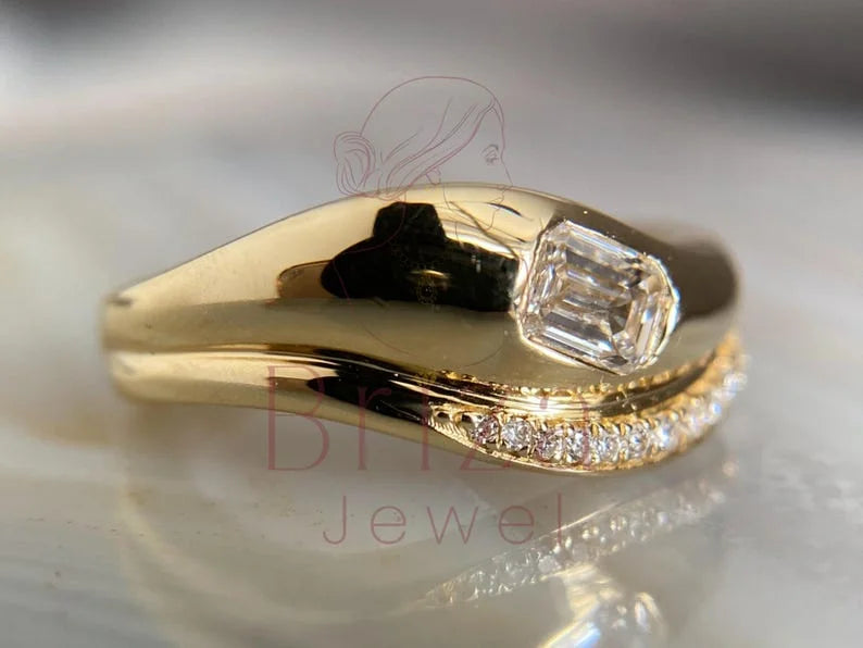 Yellow Gold Emerald Cut Engagement Ring - Lab Grown Diamond Pave | Briza Jewel