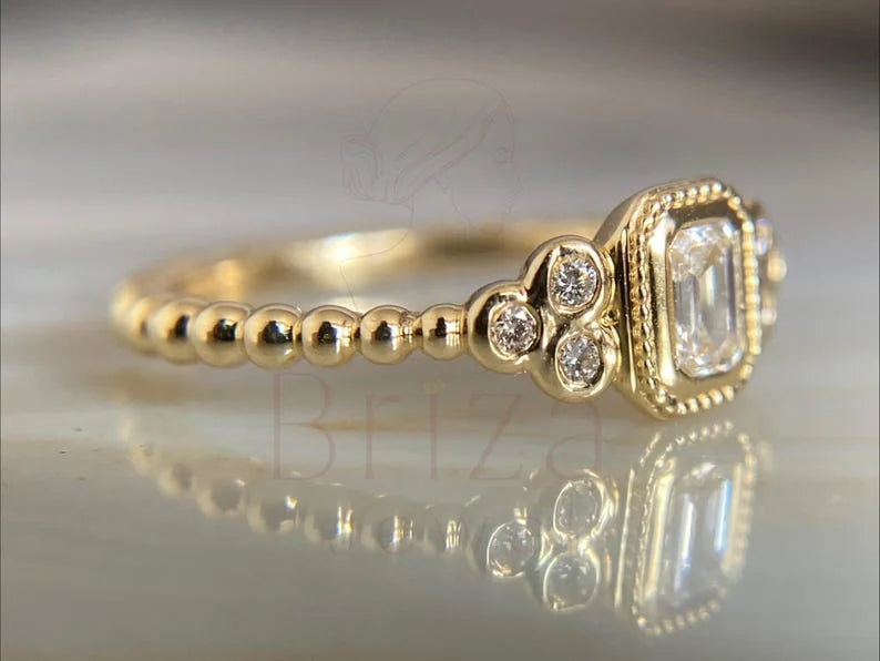 Vintage Emerald Cut Diamond Ring • 14K Gold Art Deco Bridal Ring | Briza Jewel
