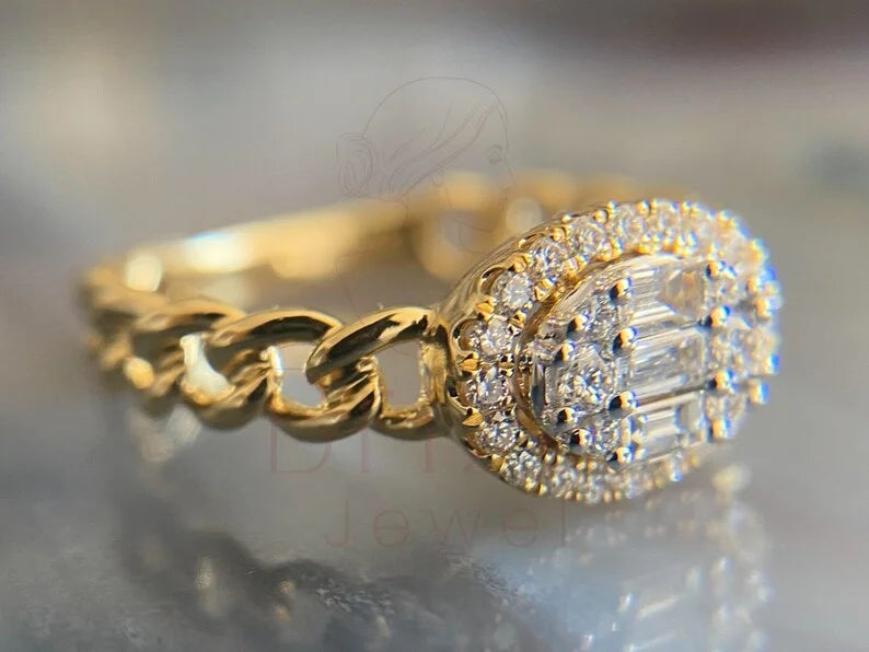 Baguette Halo Engagement Ring - Gold Diamond | Briza Jewel