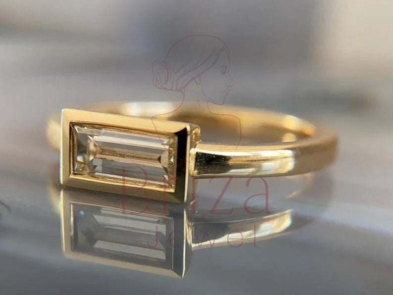 Bezel Set Engagement Ring - Lab Grown Gold Baguette Diamond | Briza Jewel
