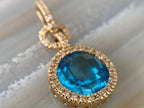 Blue Topaz Pendant - 14k Yellow Gold Diamond Halo Necklace | Briza Jewel