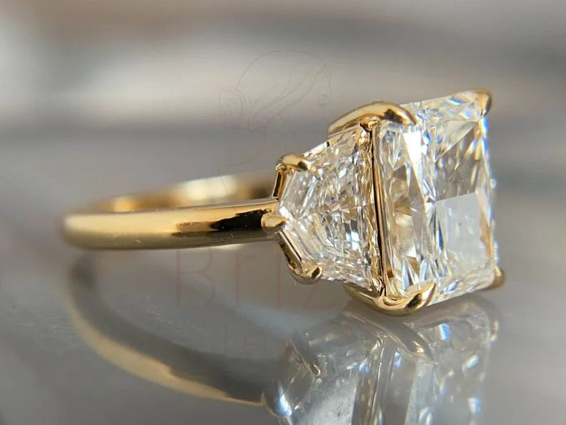 3 stone radiant cut engagement ring - Yellow Gold | Briza Jewel