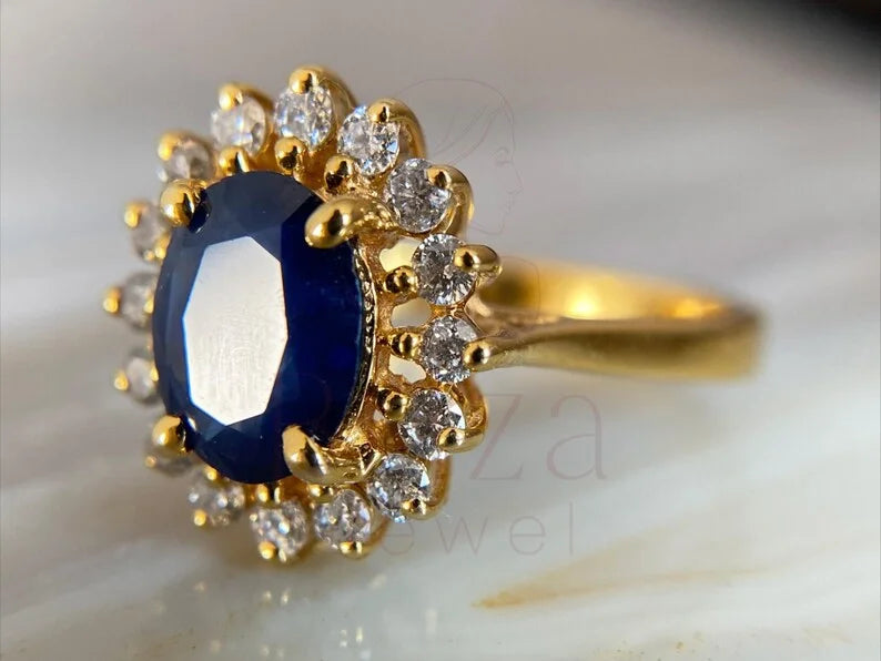 Blue Sapphire Halo Ring - 18K Gold Oval Diamond Vintage | Briza Jewel