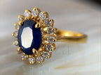 Blue Sapphire Halo Ring - 18K Gold Oval Diamond Vintage | Briza Jewel