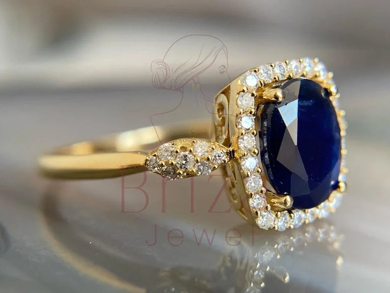 Blue Sapphire Wedding Band - Lab Grown Gold Diamond Halo Ring | Briza Jewel