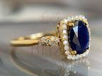 Blue Sapphire Wedding Band - Lab Grown Gold Diamond Halo Ring | Briza Jewel