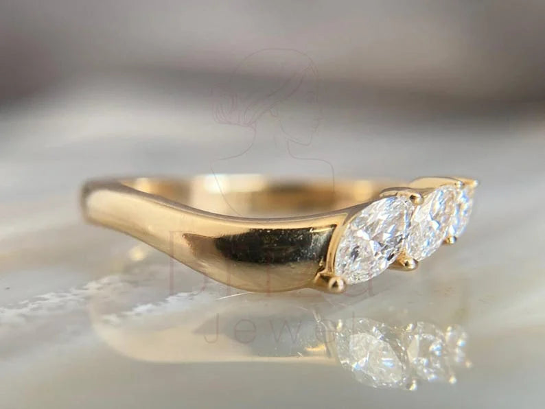 Three Stone Wedding Ring - Lab Grown 14K Gold Marquise Diamond | Briza Jewel