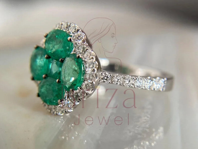 Cluster Emerald Ring - Lab Grown Diamond Halo | Briza Jewel