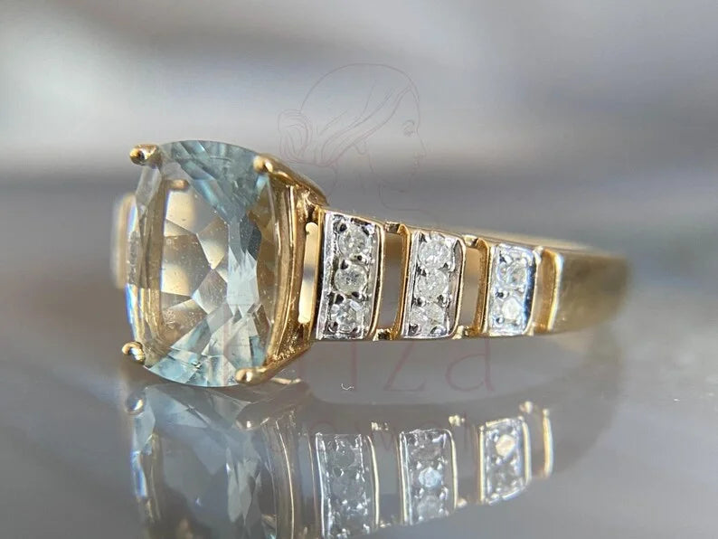 Cushion Engagement Ring - Gold Aquamarine | Briza Jewel