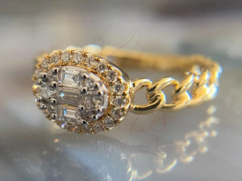 Baguette Halo Engagement Ring - Gold Diamond | Briza Jewel
