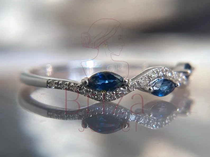 Blue Sapphire Marquise Ring - Lab Grown White Gold Diamond | Briza Jewel