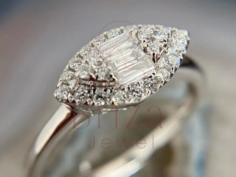 Baguette Ring Band - Lab Grown 14K White Gold Marquise Diamond Cluster | Briza Jewel