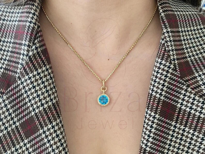 Blue Topaz Pendant - 14k Yellow Gold Diamond Halo Necklace | Briza Jewel