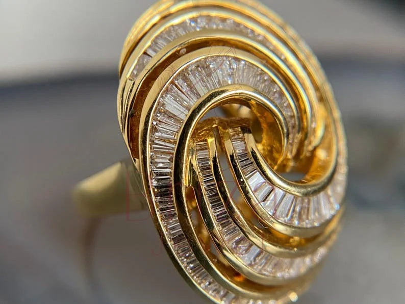 Baguette Engagement Band - 18K Gold Diamond Vintage Ring | Briza Jewel