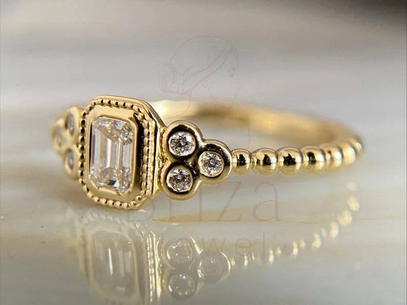 Vintage Emerald Cut Diamond Ring • 14K Gold Art Deco Bridal Ring | Briza Jewel