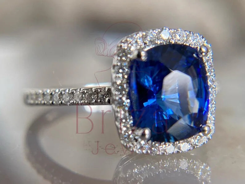 Blue Sapphire Engagement Ring - White Gold Cushion Halo | Briza Jewel