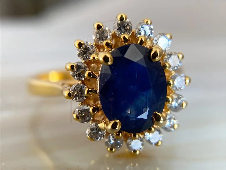 Blue Sapphire Halo Ring - 18K Gold Oval Diamond Vintage | Briza Jewel