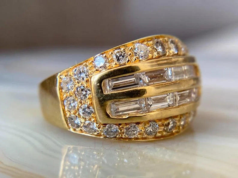 Yellow Gold Baguette Diamond Ring - 18K Yellow Gold Vintage | Briza Jewel