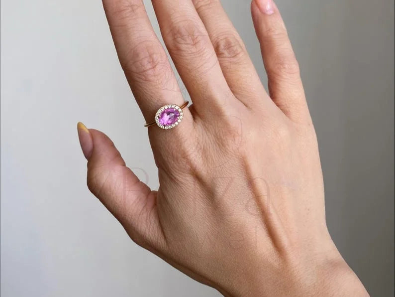 Pink Sapphire Eternity Band - Yellow Gold Diamond Halo Ring | Briza Jewel