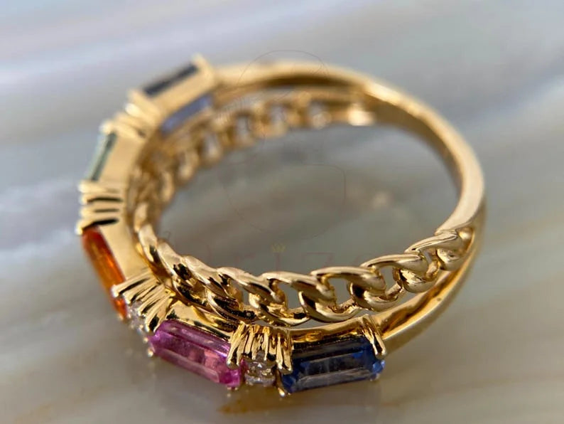 Rainbow Sapphire Ring - Emerald Cut Diamond | Briza Jewel