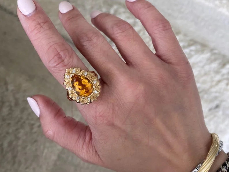 Pear Cut Citrine Ring - Yellow Gold Diamond Vintage | Briza Jewel