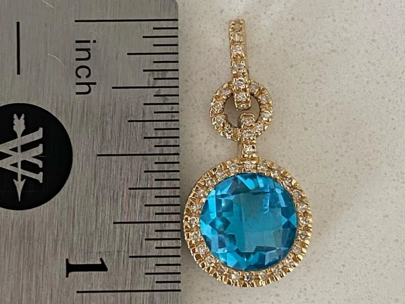 Blue Topaz Pendant - 14k Yellow Gold Diamond Halo Necklace | Briza Jewel