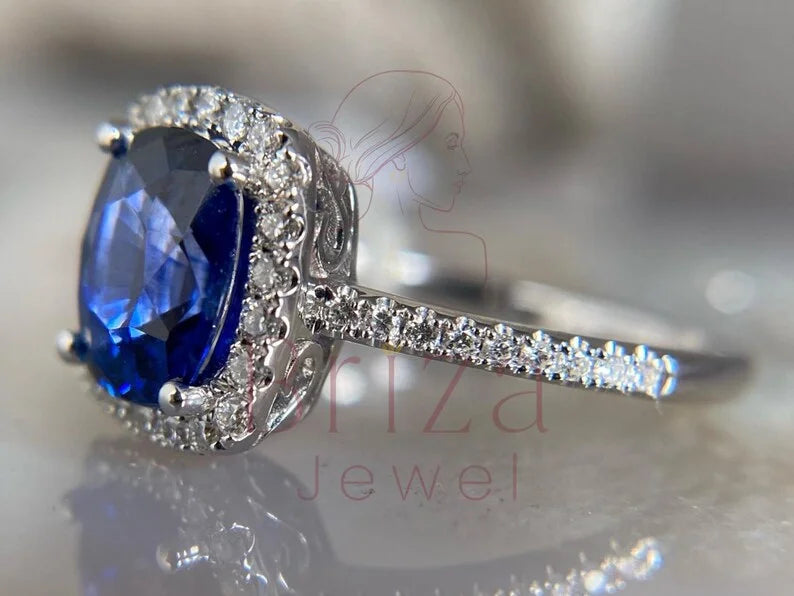 Blue Sapphire Engagement Ring - White Gold Cushion Halo | Briza Jewel