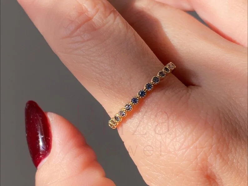 Blue Sapphire Eternity Band - 18K Gold Ring | Briza Jewel