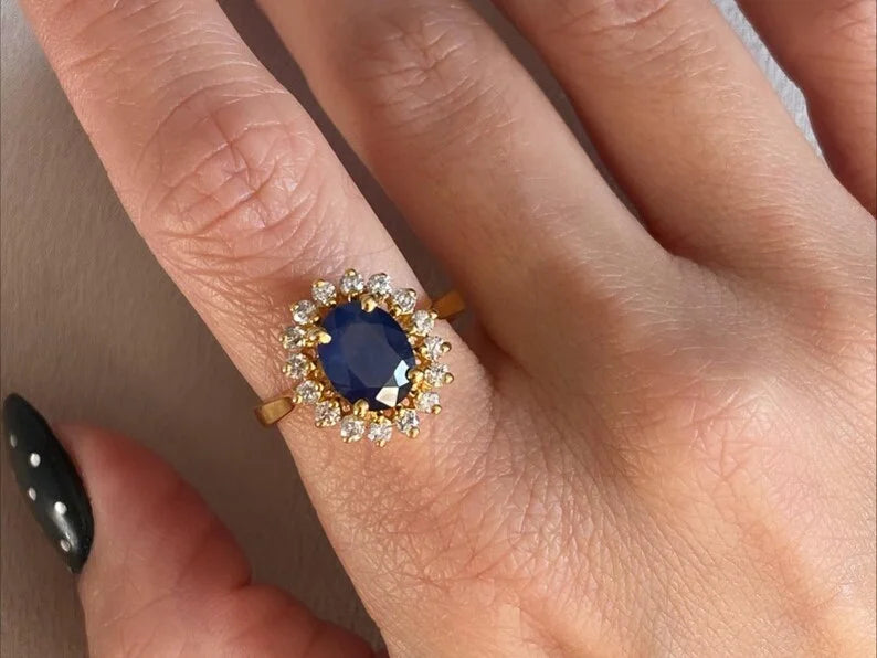 Blue Sapphire Halo Ring - 18K Gold Oval Diamond Vintage | Briza Jewel