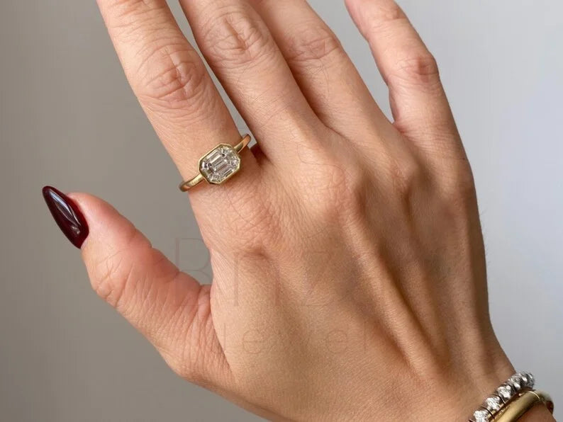 Engagement Ring With Bezel Setting - 14K Gold Emerald Cut Diamond | Briza Jewel