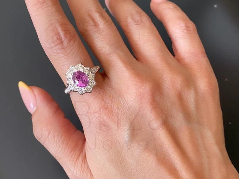 Pink Sapphire Band - Diamond Halo Ring | Briza Jewel
