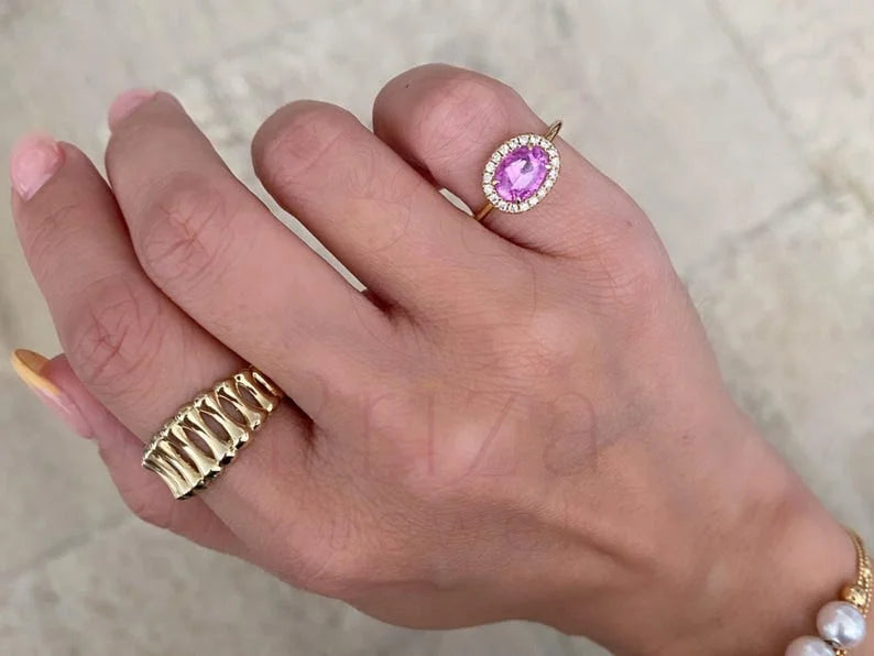 Pink Sapphire Eternity Band - Yellow Gold Diamond Halo Ring | Briza Jewel