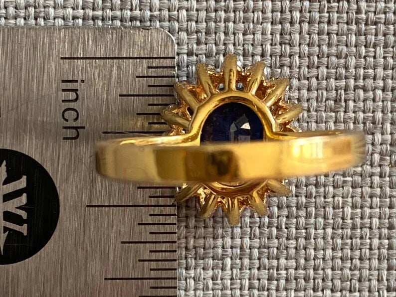 Blue Sapphire Halo Ring - 18K Gold Oval Diamond Vintage | Briza Jewel