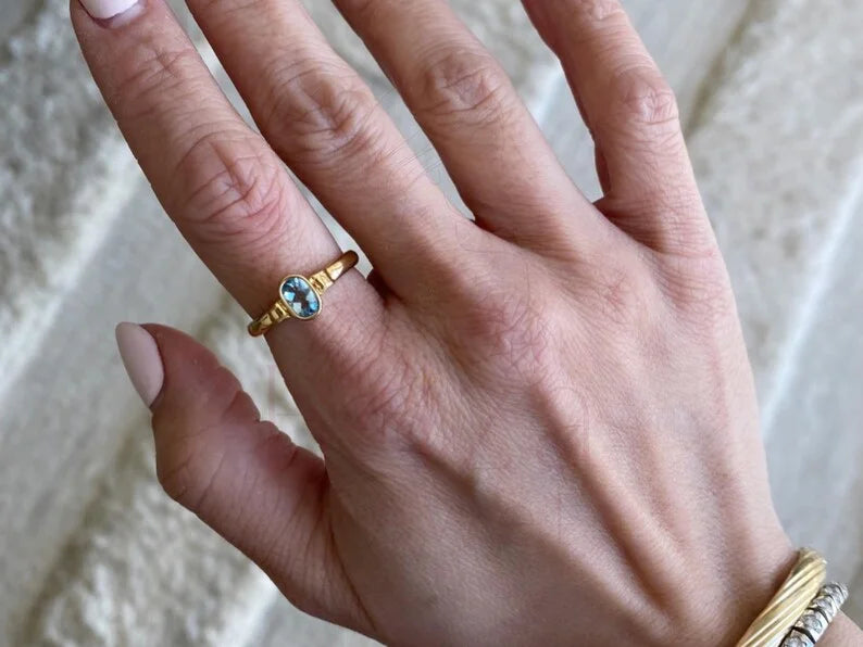 Oval Aquamarine Ring - Yellow Gold Bezel | Briza Jewel