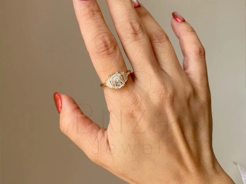 3 stone radiant cut engagement ring - Yellow Gold | Briza Jewel