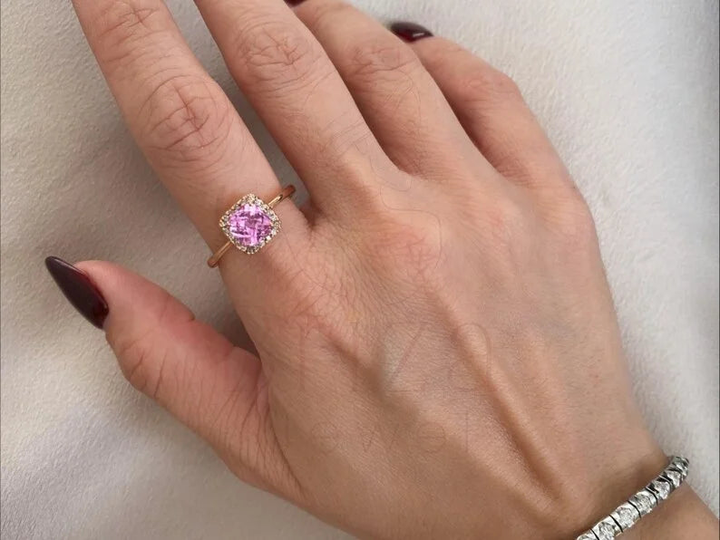 Cushion Cut Topaz Ring - Rose Gold Diamond Halo | Briza Jewel