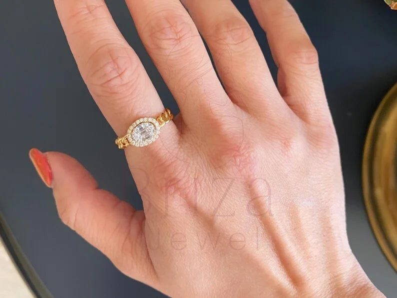 Baguette Halo Engagement Ring - Gold Diamond | Briza Jewel