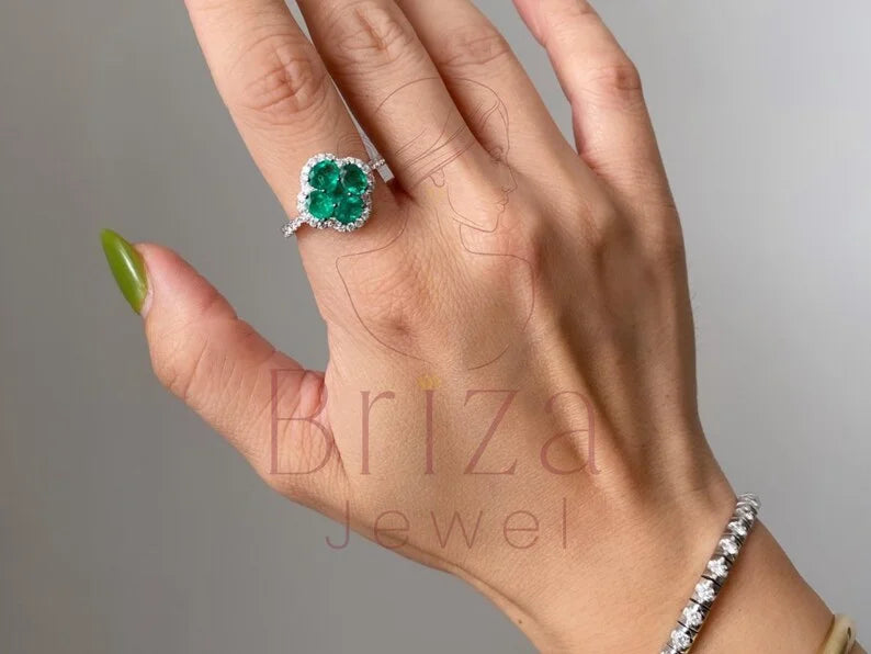 Cluster Emerald Ring - Lab Grown Diamond Halo | Briza Jewel