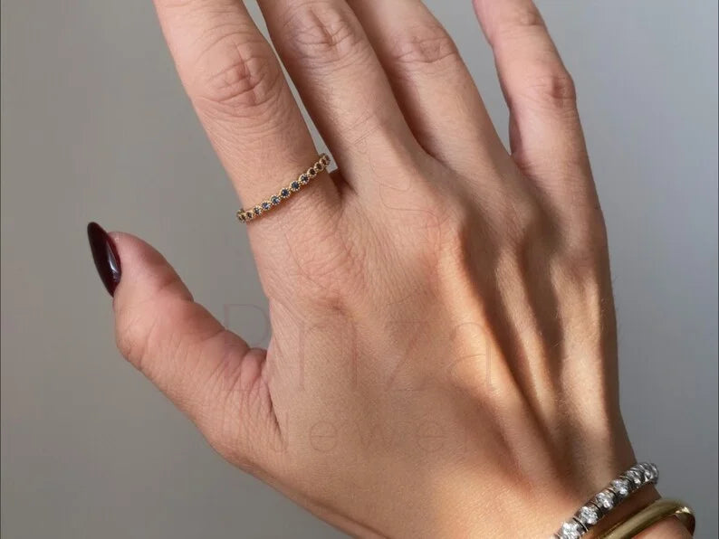 Blue Sapphire Eternity Band - 18K Gold Ring | Briza Jewel