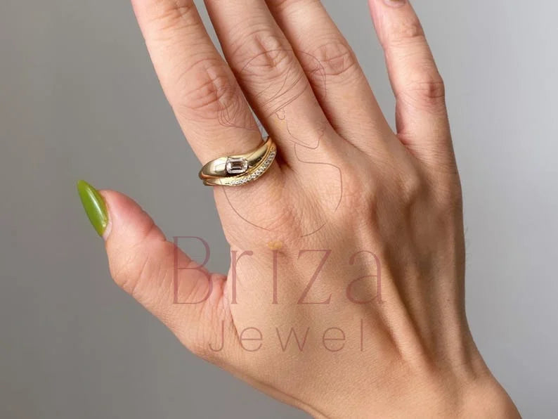 Yellow Gold Emerald Cut Engagement Ring - Lab Grown Diamond Pave | Briza Jewel
