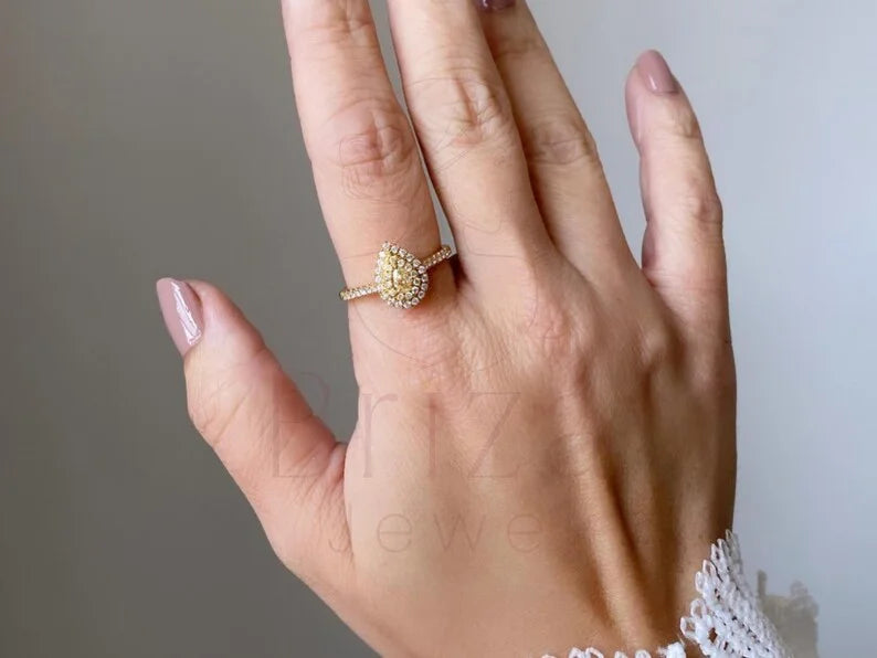 Pear Cut Diamond Halo Ring in Gold Luxury Engagement Ring | Briza Jewel