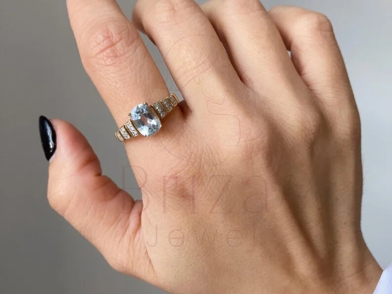 Cushion Engagement Ring - Gold Aquamarine | Briza Jewel