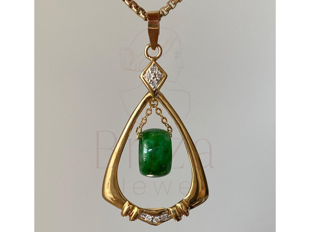 Green Jade and Diamond Pendant | Vintage Gold Jade Necklace | Briza Jewel