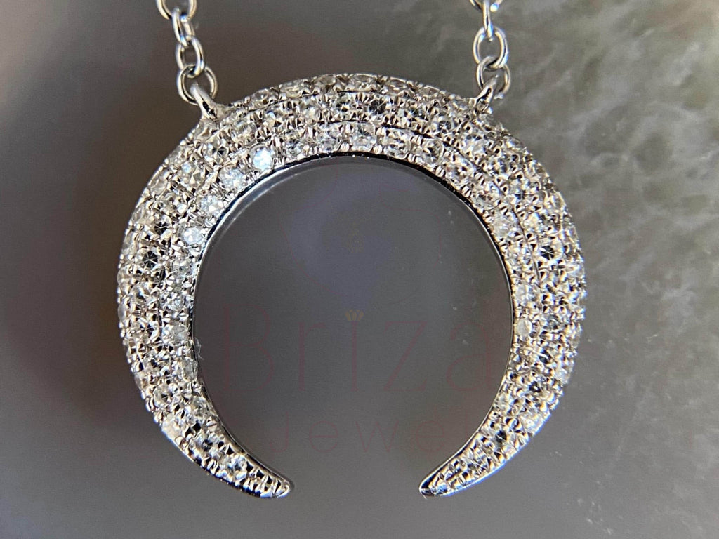 Minimal Diamond Crescent Moon Necklace in White Gold | Briza Jewel