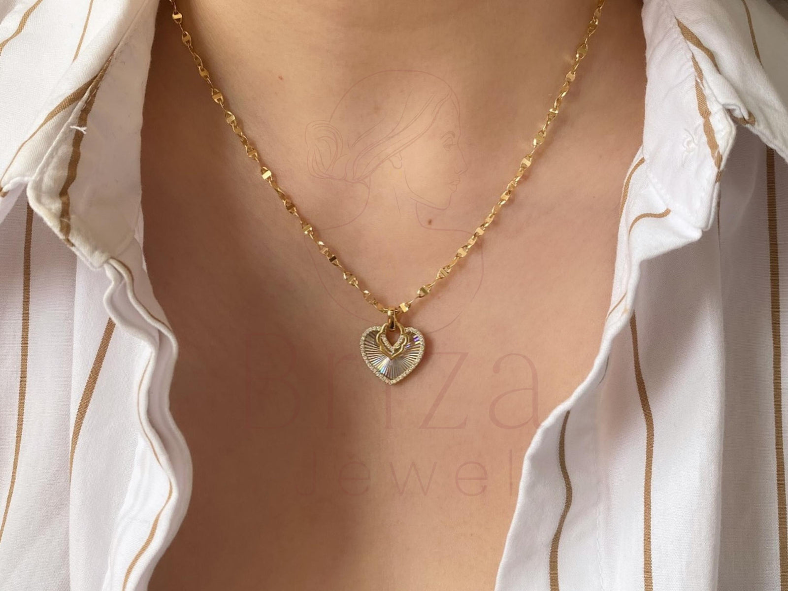 Gold diamond necklace with halo design by Briza Jewel