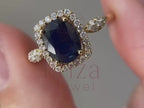 Blue Sapphire Wedding Band with Gold Halo Diamond Ring