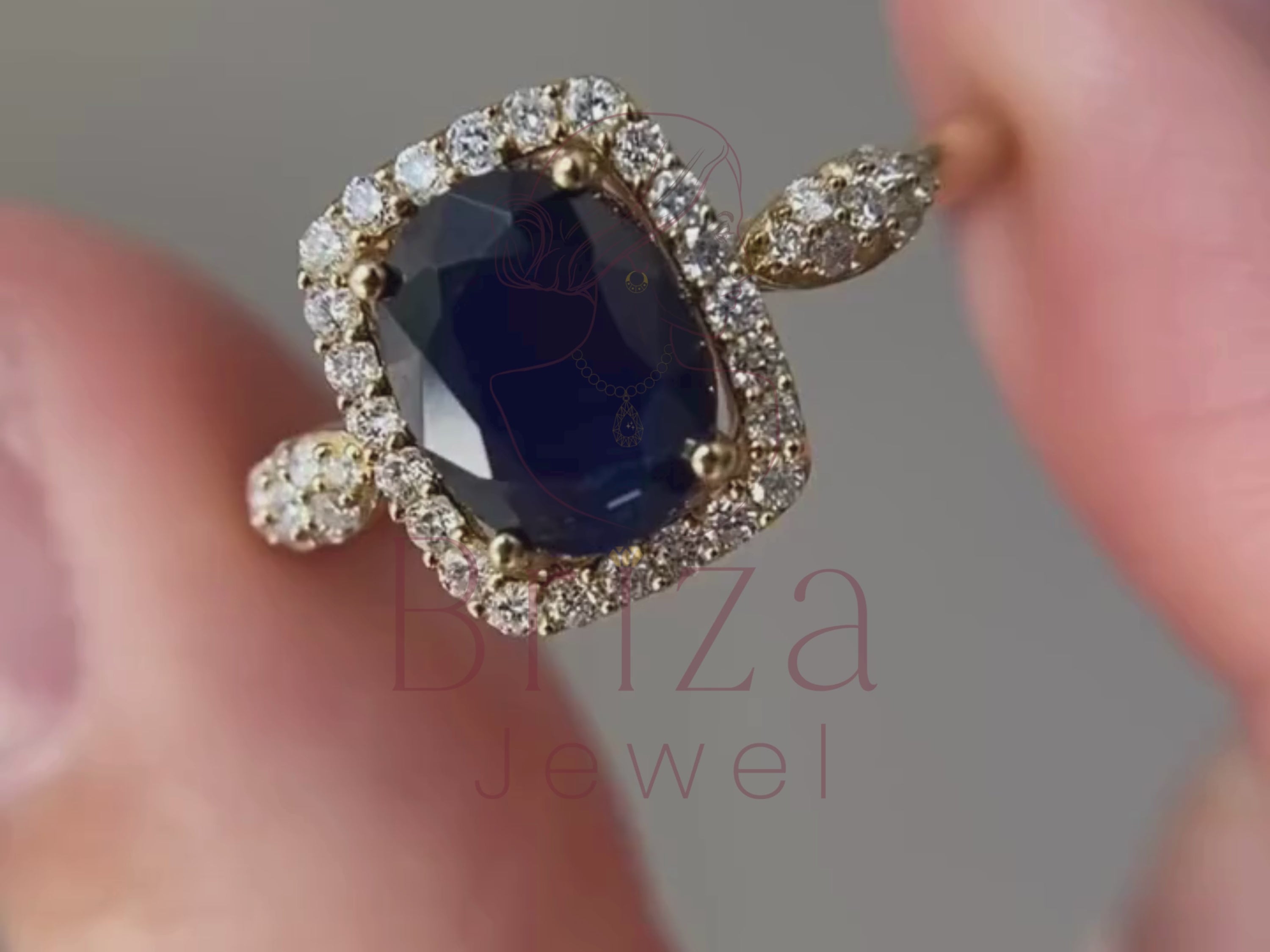 Blue Sapphire Wedding Band with Gold Halo Diamond Ring