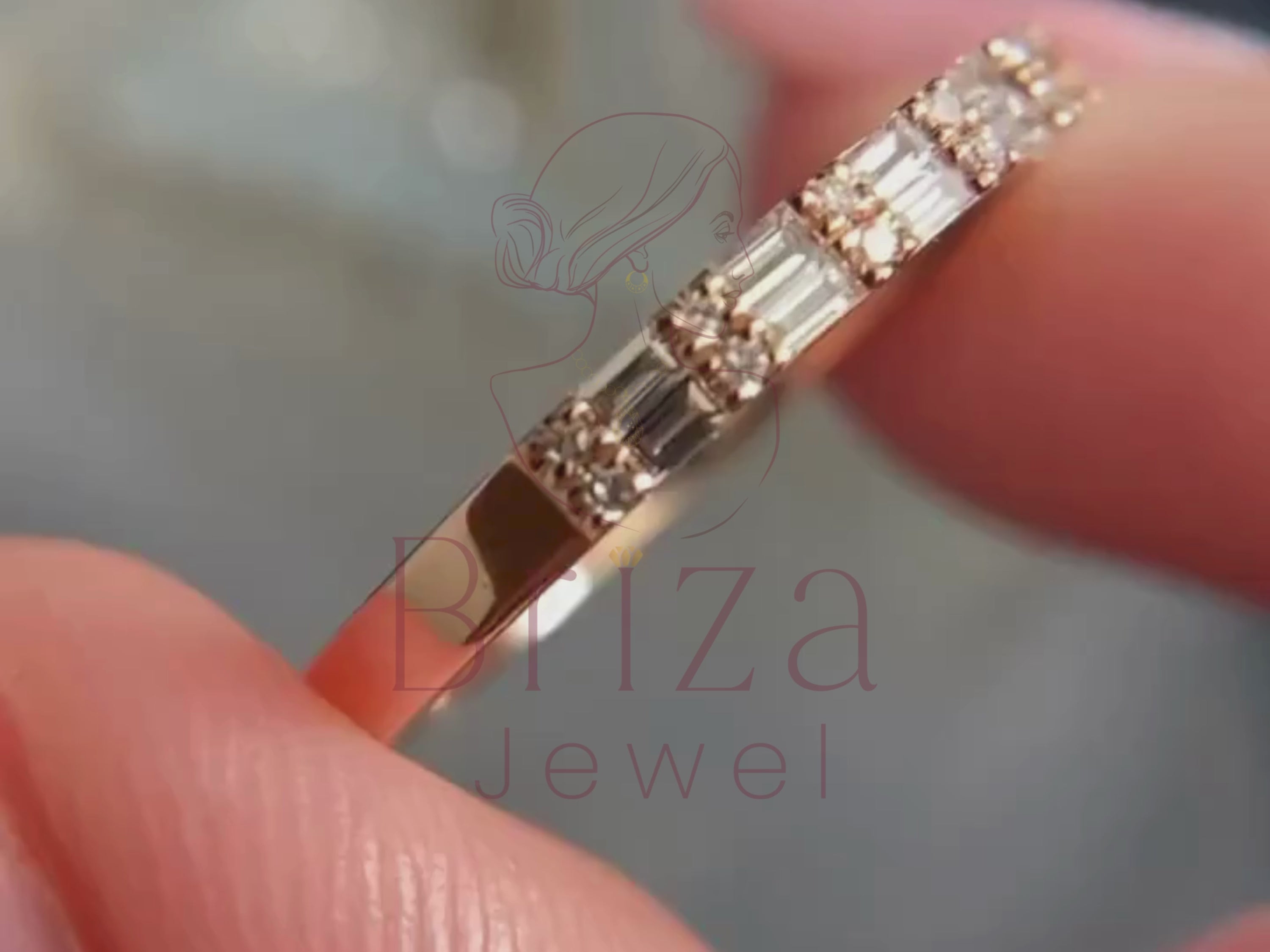 moissanite baguette ring close-up showing channel set stones